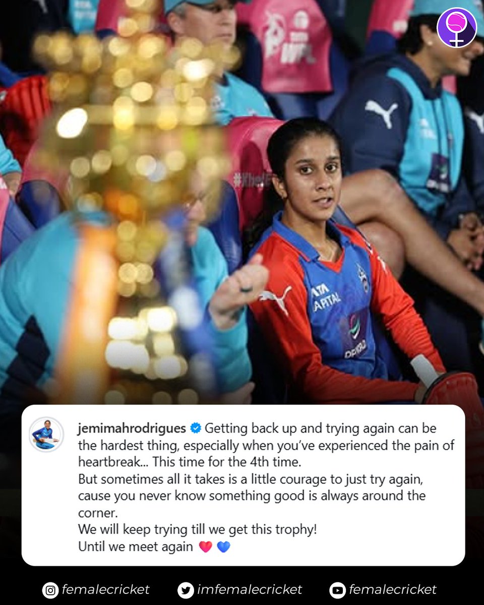 imfemalecricket's tweet photo. Jemimah Rodrigues reflects on 4th final loss, promising Delhi Capitals will keep striving for glory! 💬

#CricketTwitter https://t.co/ORsLKu9bxk