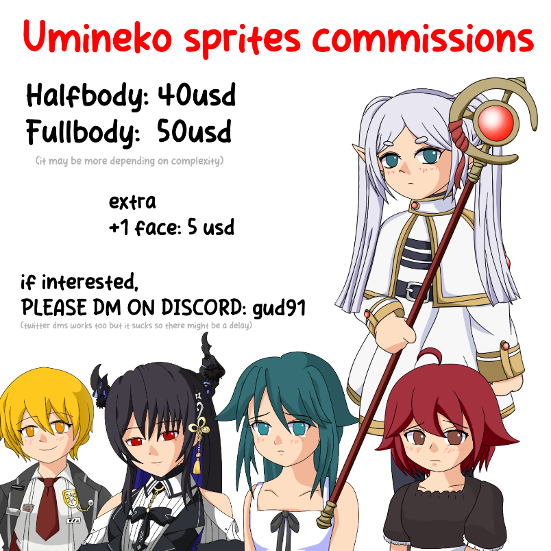 I open my umineko sprite commishions once again.
Feel free to invade my dms to get one