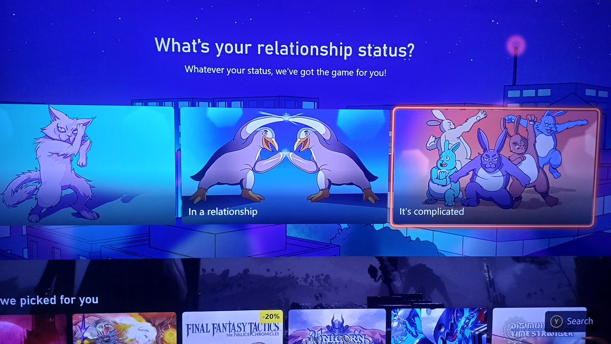 Nerbit_13098's tweet image. My xbox is asking me what my relationship status is and for some reason the options are visualised by two penguins doing  a fusion dance or 5 rabbits doing the Ginyu Force poses lmao
