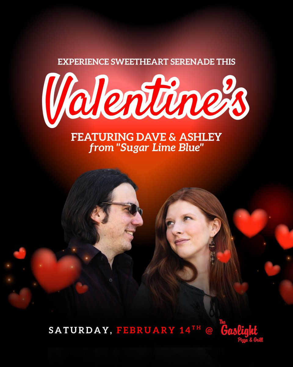 Celebrate love 🌹 and music 🎶 with us this February 14th as Dave &amp; Ashley from Sugar Lime Blue take the stage for a special performance. Time to be announced soon—stay tuned! Save the date for an unforgettable night. gaslightpizza.com