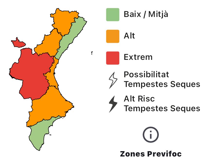 ⚠️El nivell de preemergència de risc d'incendis forestals per a demà 07/02 és:  

🔴Extrem en l’interior de València

🟠Alt a l’interior de Castelló, litoral de València i nord d’Alacant

🟢Baix-mitjà a la resta de la Comunitat Valenciana.

☎️Si veus foc o fum, telefona a l'112