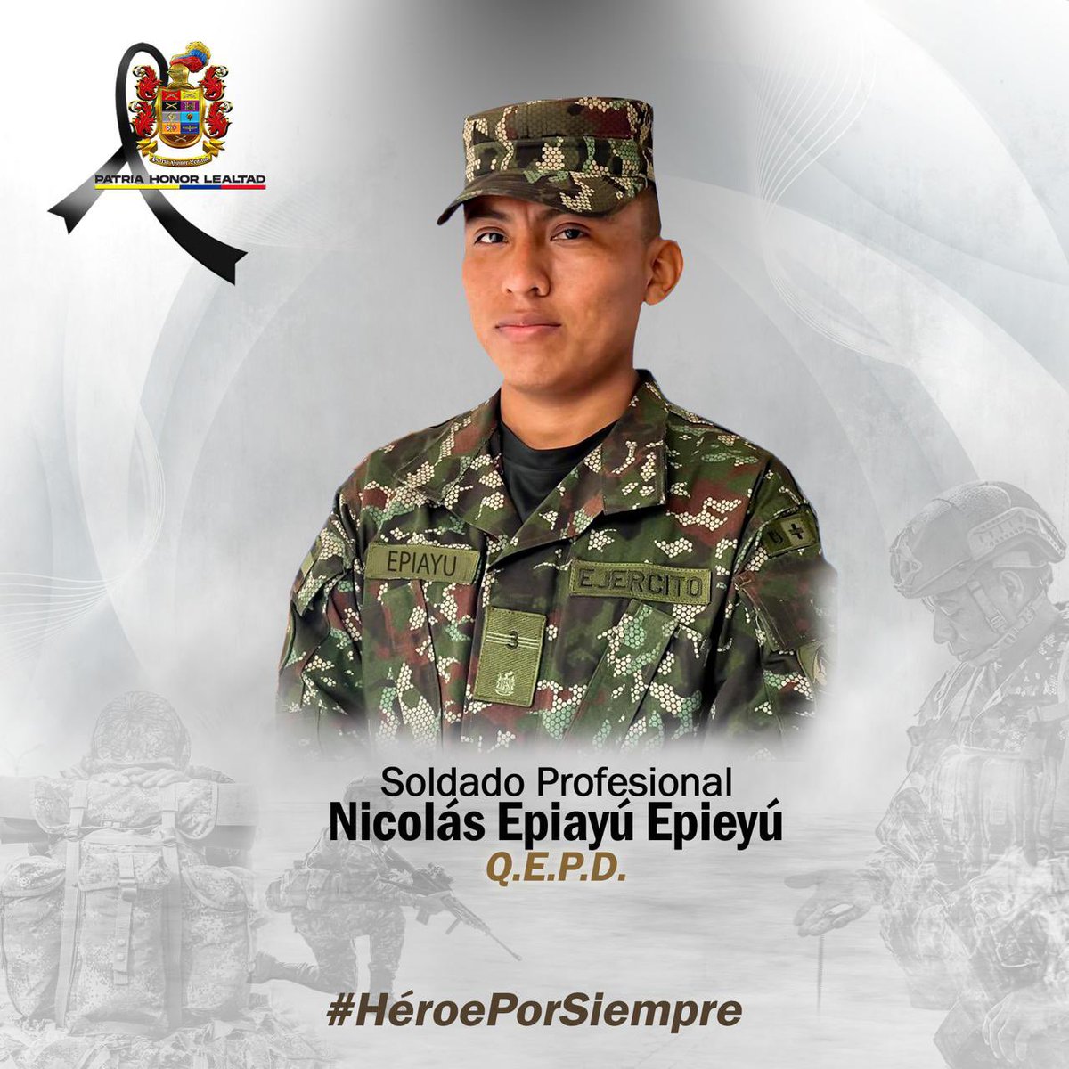 Lamentamos profundamente la muerte del soldado profesional Nicolás Epiayú Epieyú en Ciénaga, Magdalena, mientras cumplía su deber. Nuestro abrazo solidario a su familia y compañeros, y deseos de pronta recuperación al soldado herido. #HonorYGloriaPorSiempre