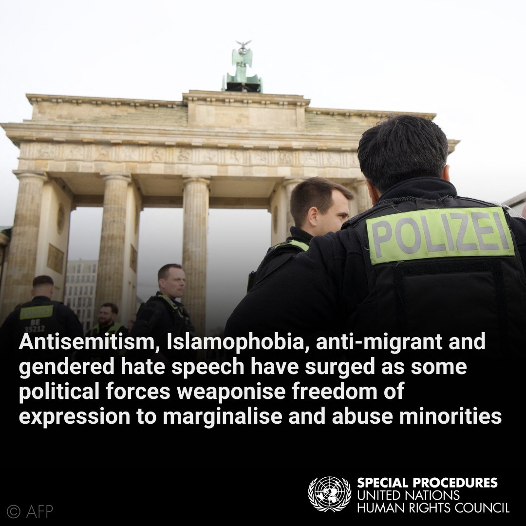 #Germany: UN expert <a href="/Irenekhan/">Irene Khan</a> warns relying on criminalisation &amp; security-oriented approaches risks narrowing space for diverse &amp; meaningful democratic debate. Germany must tackle modern challenges whilst prioritising human rights over securitisation.

ohchr.org/en/press-relea…