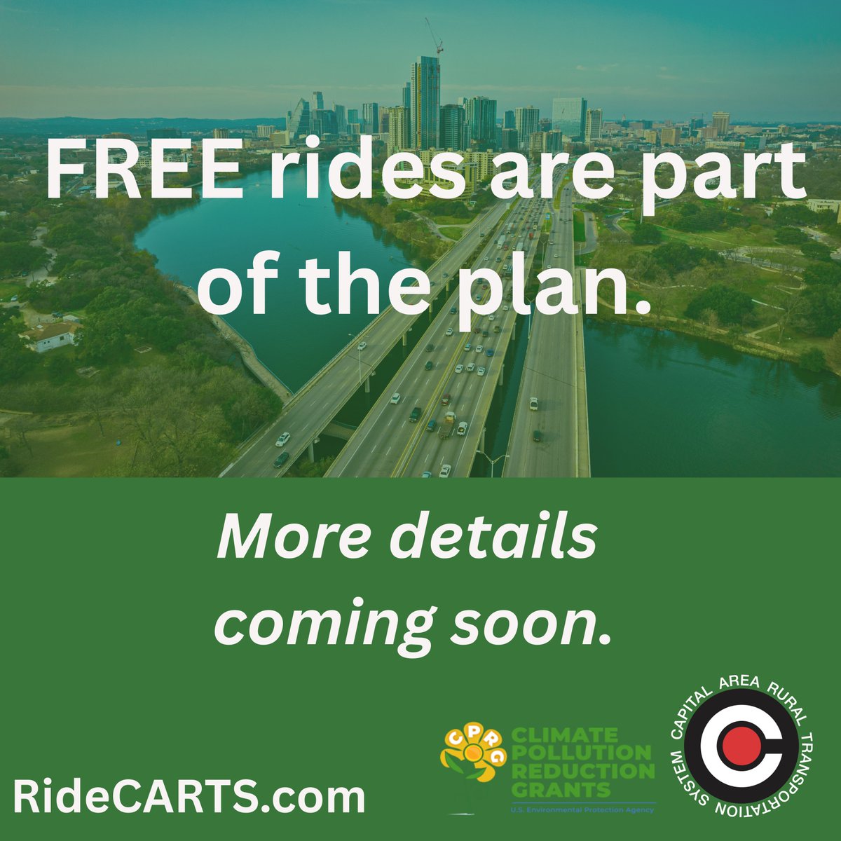 FREE rides are part of the plan. 🚍🌱
With support from the #ClimatePollutionReductionGrant, we’re working with regional partners to improve transit access and reduce emissions across Central Texas.
More details coming soon.
<a href="/austintexasgov/">City of Austin</a> <a href="/TxDOT/">TxDOT</a> @CapitalAreaCOG  <a href="/CapMetroATX/">CapMetro</a>