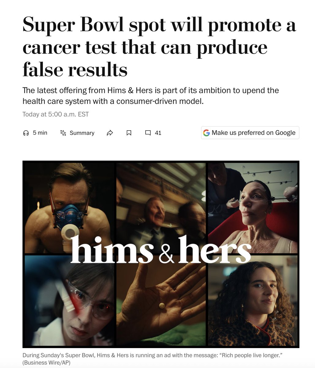 EricTopol's tweet photo. Why this #SuperBowl2026 ad is so misleading and bad
gift link https://t.co/EldV5GCxRq https://t.co/BxTzIFKeVU
