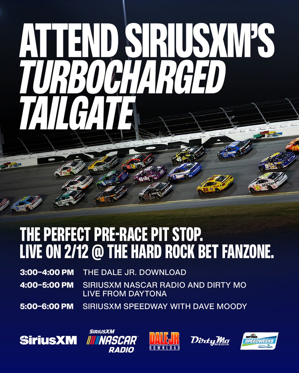 SiriusXMNASCAR's tweet photo. 🚨 Your Speedweek just got TURBOCHARGED 📈

Join us from the @DAYTONA FanZone on Thursday, Feb 12 for an afternoon full of fun with @DirtyMoMedia, @DaleJr and more!

Details → https://t.co/2bE8bzjhRA https://t.co/vnyG3zRQJj