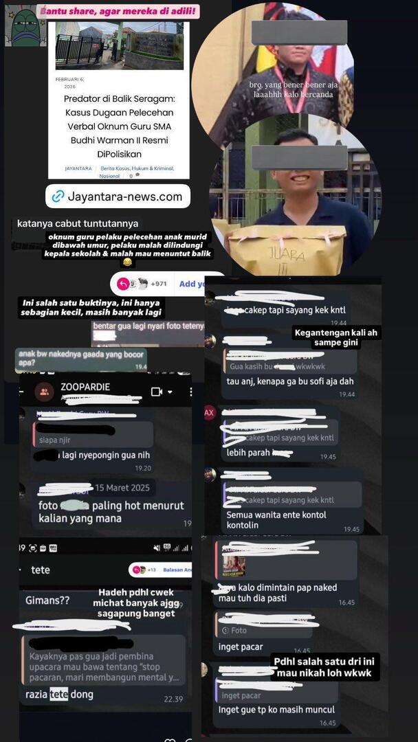 💚 TW // Pelecehan Seksual

HELP BANTU UP‼️
ada dua oknum guru melakukan pelecehan verbal ke siswi dibawah umur, pelaku malah dilindungi sekolah dan mengancam balik korban