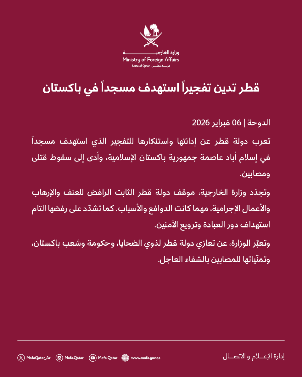 MofaQatar_AR's tweet photo. قطر تدين تفجيراً استهدف مسجداً في باكستان

الدوحة - 6 فبراير 2026

تعرب دولة قطر عن إدانتها واستنكارها للتفجير الذي استهدف مسجداً في إسلام أباد عاصمة جمهورية باكستان الإسلامية، وأدى إلى سقوط قتلى ومصابين.

وتجدّد وزارة الخارجية، موقف دولة قطر الثابت الرافض للعنف والإرهاب والأعمال الإجرامية، مهما كانت الدوافع والأسباب. كما تشدّد على رفضها التام استهداف دور العبادة وترويع الآمنين.

وتعبّر الوزارة، عن تعازي دولة قطر لذوي الضحايا، وحكومة وشعب باكستان، وتمنّياتها للمصابين بالشفاء العاجل.

#الخارجية_القطرية
