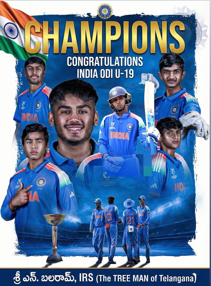 BalaramIRS's tweet photo. @balaram_irs congratulated the Indian Under-19 cricket team on their historic sixth U19 World Cup victory. He praised their exceptional talent, determination, and teamwork, stating that their achievement has brought great pride to the nation. @Teamindiacrick https://t.co/xzQeSCvJL5