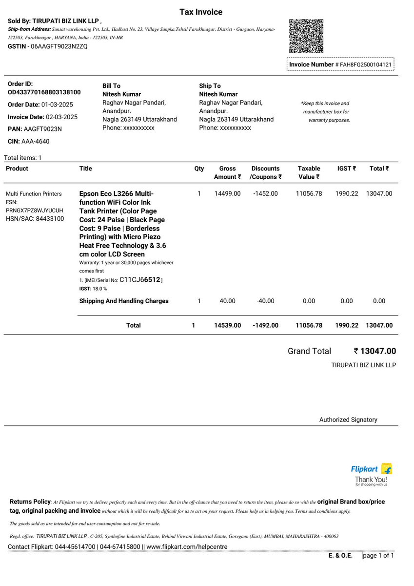 Received a mismatched Epson Printer (Bill vs Product) from Flipkart. Serial &amp; Model numbers don't match. No response from @EpsonIndia. Incident ID: IN26020319162354215737. Taking this to Consumer Court. <a href="/jagograhakjago/">Consumer Affairs</a> @consumer_v