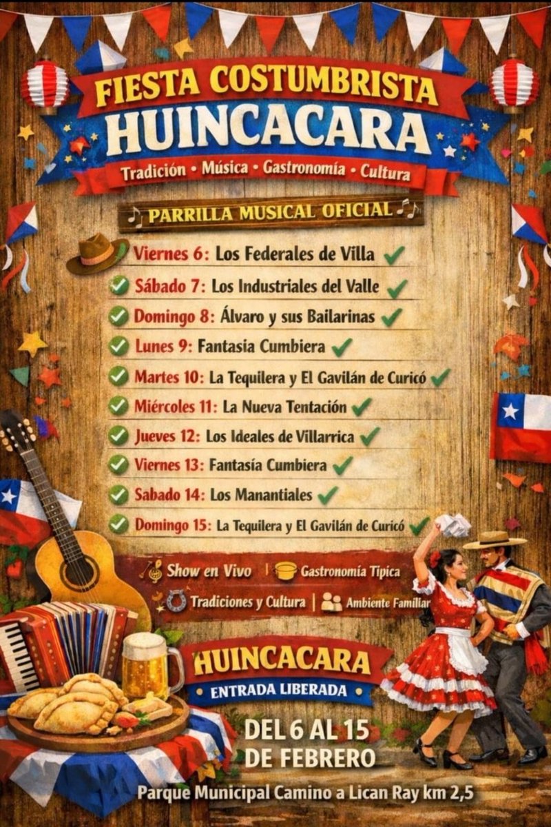 CataLF_'s tweet photo. Feria Costumbrista de #Huincacara Sur, en #Villarrica  💃🍛🪵🪓 Ojo, se cambió el lugar por las obras Collico-Huincacara en los primeros 10 km. 
#Pucón #Temuco #Araucanía #LicanRay https://t.co/EjTm8ss6lh
