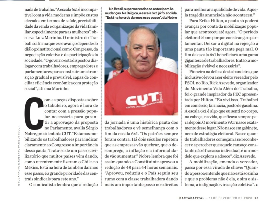 À <a href="/cartacapital/">CartaCapital</a> falei da importância de acabar com a escala 6x1 e que estamos mobilizando os trabalhadoras para indicar claramente ao Congresso Nacional a urgência dessa pauta. Trata-se de um passo civilizatório que muitos países já deram. <a href="/CUT_Brasil/">CUT Brasil</a>