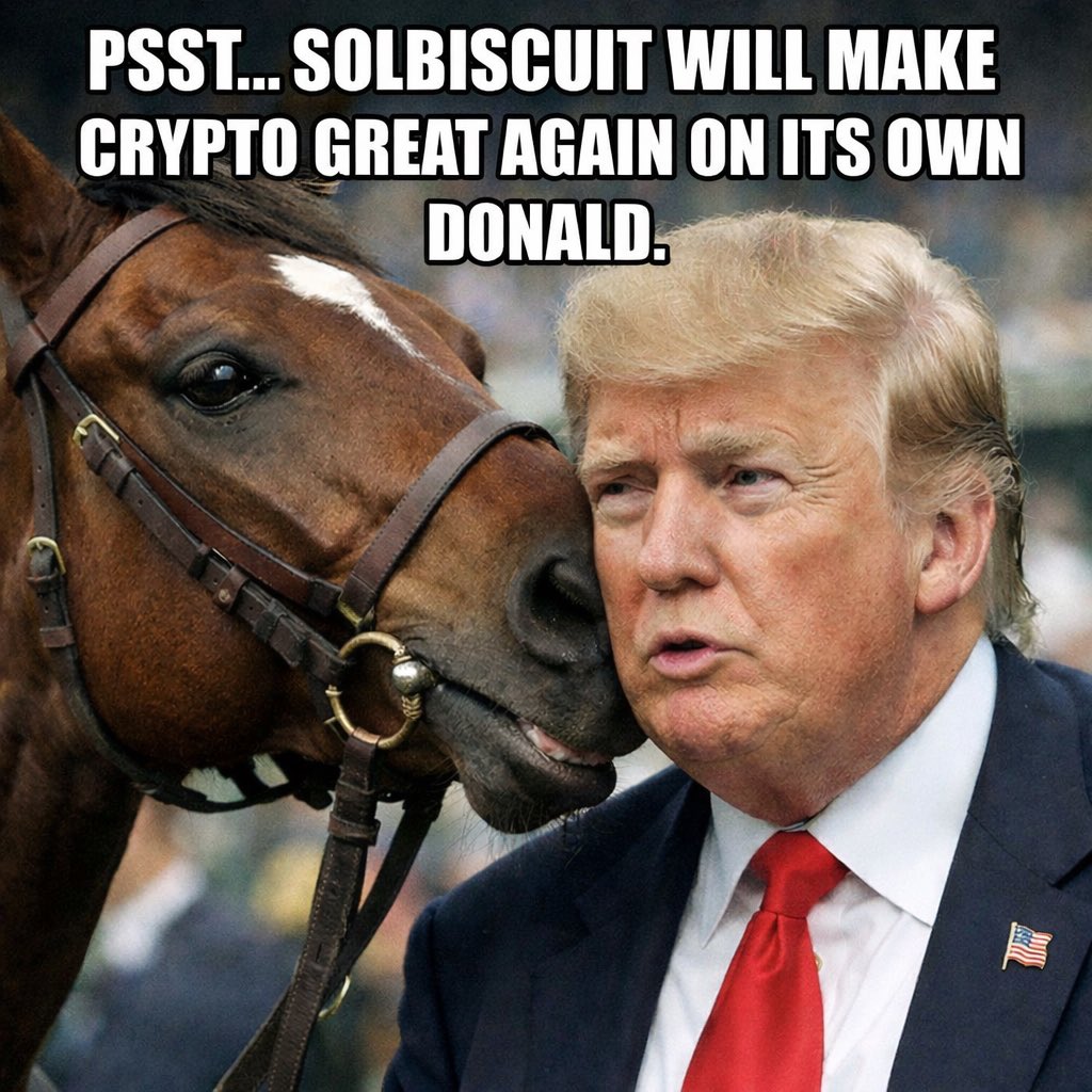 Joelliuzzi's tweet photo. Rumor has it SOLBISCUIT whispered to Donald Trump: “I’ve got this. Crypto greatness is handled.” 🐎🚀 #SOLBISCUIT 
Right @toly https://t.co/mB3z7Hrn3H