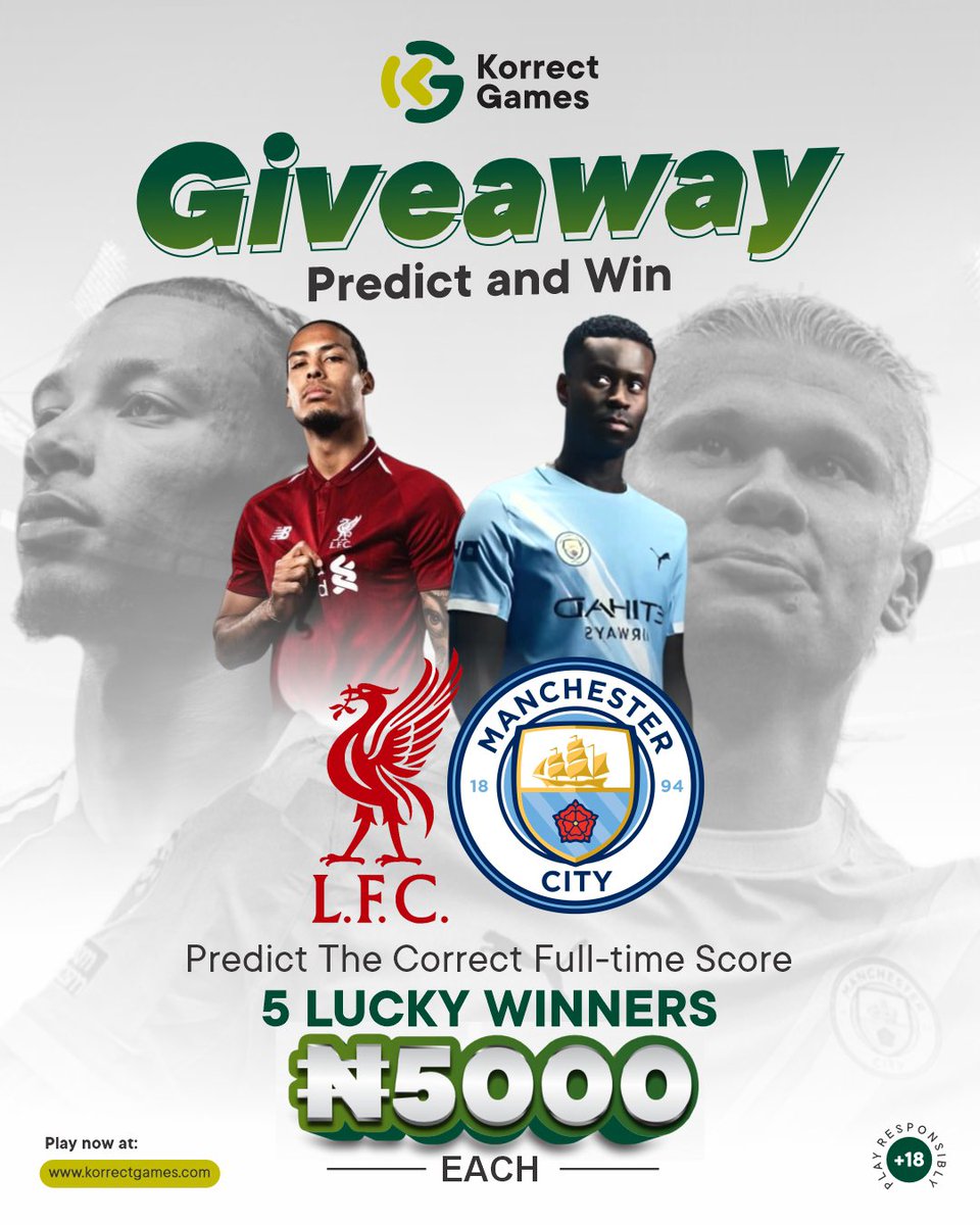 How to Win 
1️⃣ Follow @KorrectGames on all platforms
2️⃣ Predict the korrect score of Liverpool vs Manchester City
3️⃣ Have an account with us 👉 KorrectGames.com

Prize: ₦5,000 for 5 lucky winners! 💰⚽

Predictions close at kickoff! Goodluck!