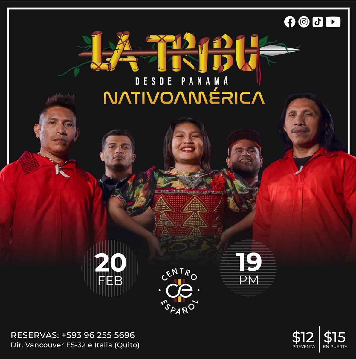 🔥 Nueva fecha, mas rock y energía en vivo con La Tribu, directamente desde Panamá.

Este viernes 20 de febrero, ven con tu pareja o tus amigos a cantar, saltar y disfrutar de un concierto único.

🎟️ Adhesión: Preventa $12 | En puerta $15
📲 Más info y reservas: +593 962 555 696