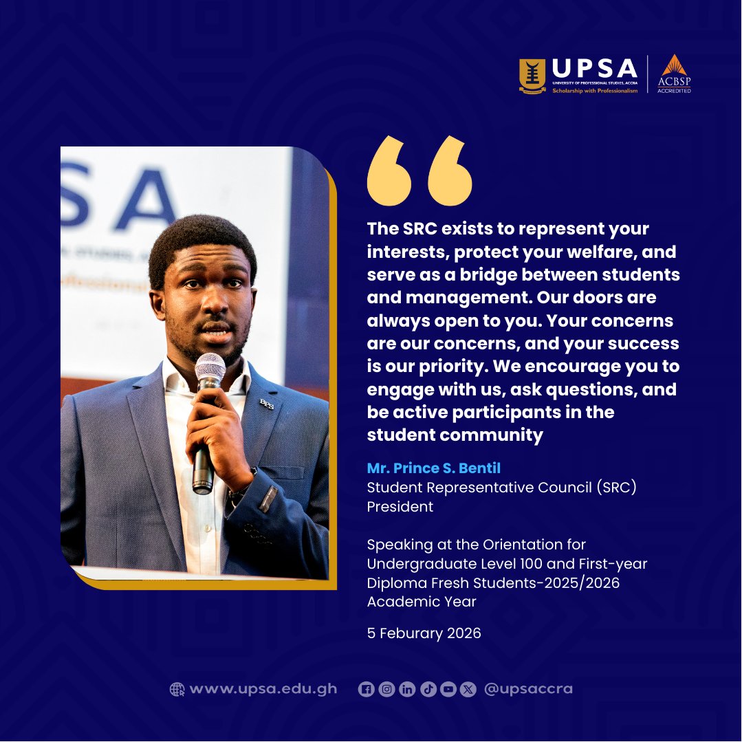 upsaccra's tweet photo. Your voice matters! SRC President Mr. Prince S. Bentil welcomed new students at Orientation, emphasizing our role as your bridge to management. Engage with us, your success is our mission! 

#StudentRepresentation #SRCPresident #GetInvolved #UPSACommunity #Orientation2026 https://t.co/Oc3b6T6mu2