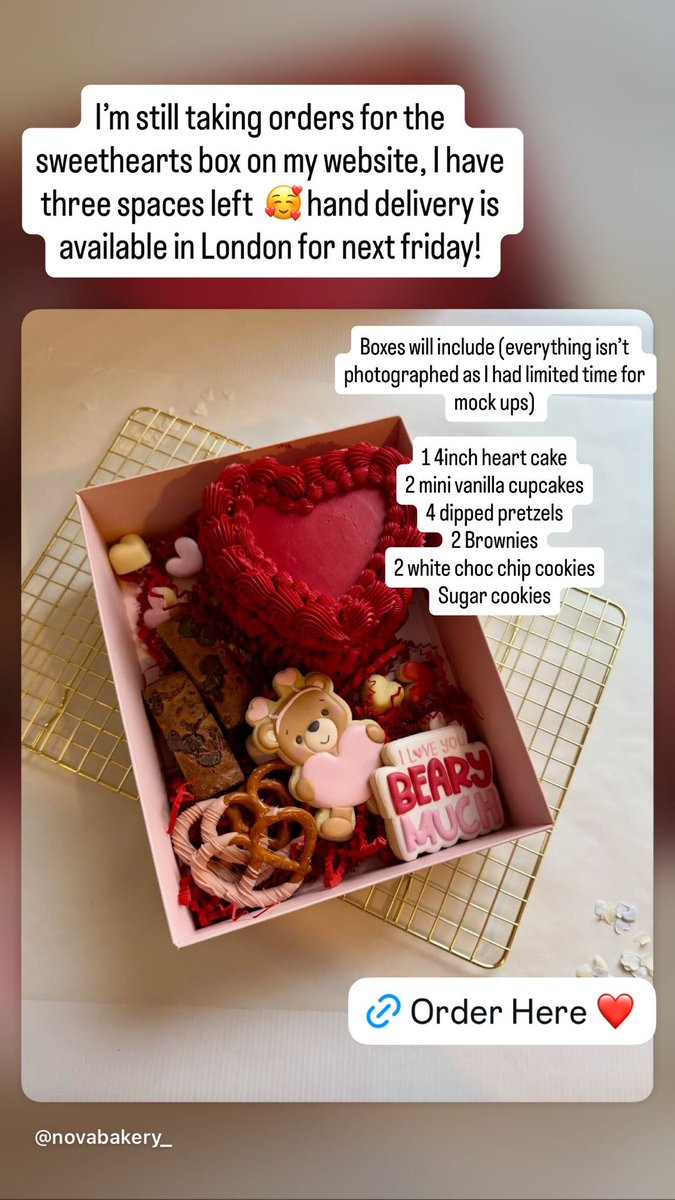 Hey I have a few spaces left for this years sweethearts box! Orders can be placed via my website and I am offering delivery within London next Friday just in time for Valentine’s Day ❤️

Please look at second picture to see what’s included 🥰

 Nova-bakery.sumupstore.com