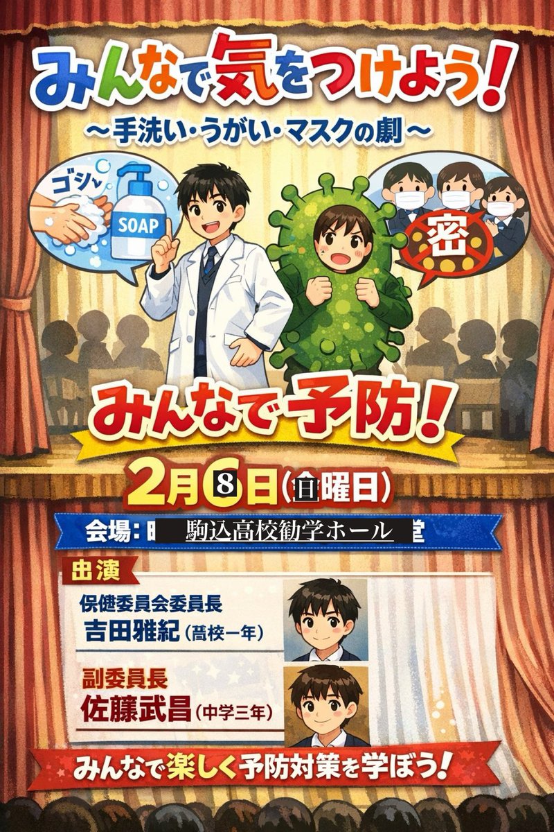皆様お久しぶりです！！
さて、明日の公演のお知らせです！

2026年度バレンタイン発表会の上演演目は以下の通りです！

題名…みんなで予防！みんなで気をつけよう！
作者…みるきー（高1・部長）、たくたく（中3・次長）
演出・舞台監督・音響照明責任・主演
　　…みるきー、たくたく