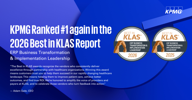 We are excited to share that KPMG has once again secured the #1 spot in the 2026 Best in KLAS report for ERP Business Transformation &amp; Implementation Leadership! #KPMGHealthcare #WDAYPartner #BestinKLAS #BestinKLASAwards
