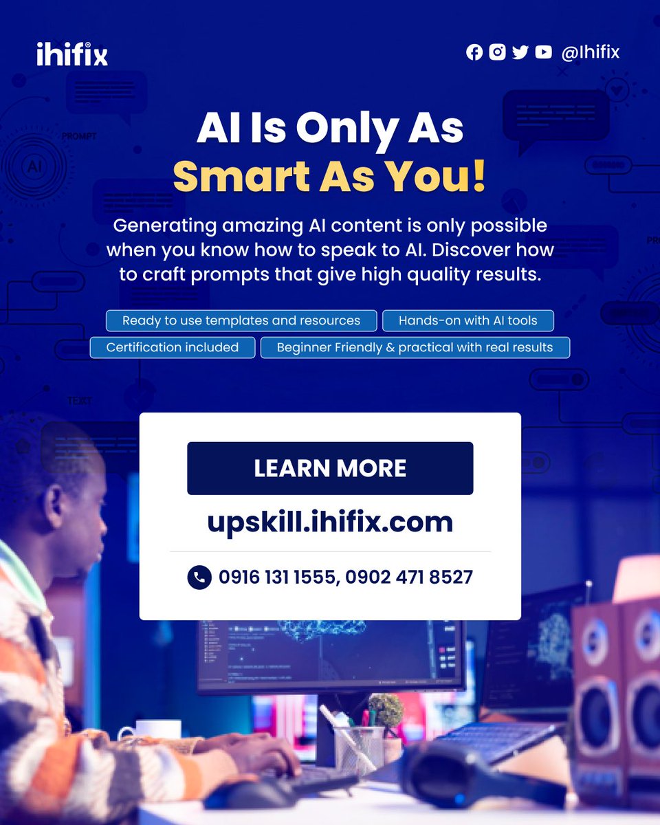 Prompt engineering is how you unlock better results from AI.

We are launching practical AI courses. This is where it starts. Click the link below to learn more
upskill.ihifix.com/courses/genera…

Or visit upskill.Ihifix.com to explore other courses 
#PromptEngineering #GenerativeAI