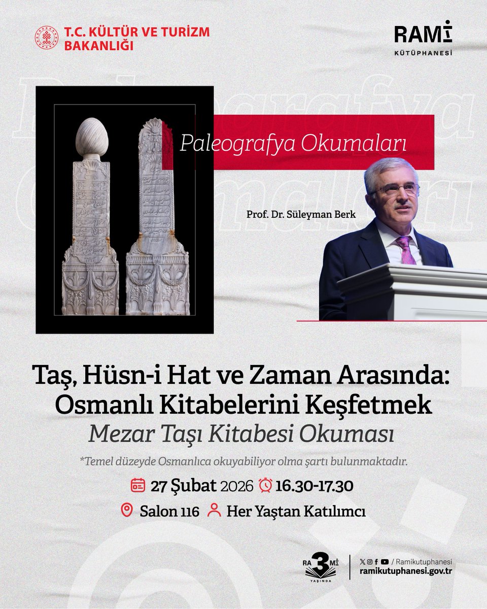 Osmanlı metinlerini okumak, yazının arkasındaki dünyayı anlamakla başlar. 📜
 
Rami Kütüphanesi’nde her ay düzenlenen Paleografya Okumaları, Osmanlı yazı geleneğini tanımak ve metinlerle doğrudan temas kurmak isteyenler için devam ediyor. 📚
 
Üç atölyeden oluşan bu seri, farklı