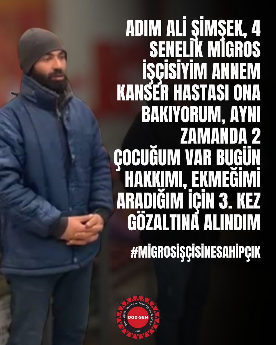 "Adım Ali Şimşek, kanser hastası anneme ve 2 çocuğuma bakıyorum, emeğime sahip çıktığım için şu an gözaltındayım."

Ali'ye sahip çıkmak zorundayız!
#MigrosİşçisineSahipÇık