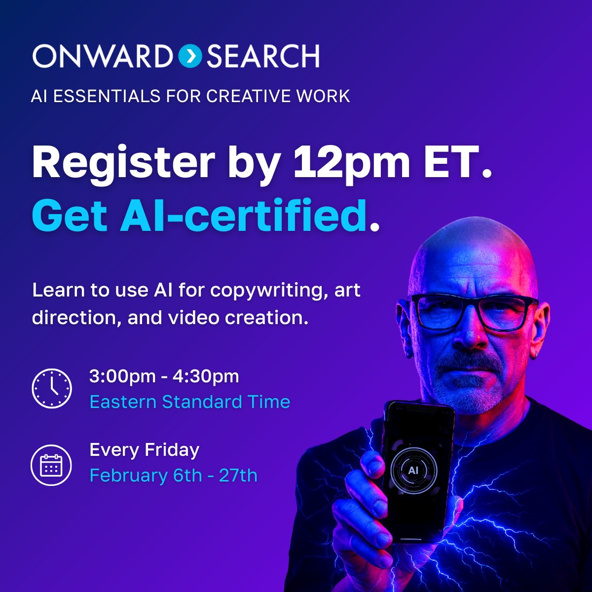 Today's the day. Our next AI training for creatives begins at 3pm ET. Register now to join the 4-week course, and get AI-certified! shorturl.at/81a5C