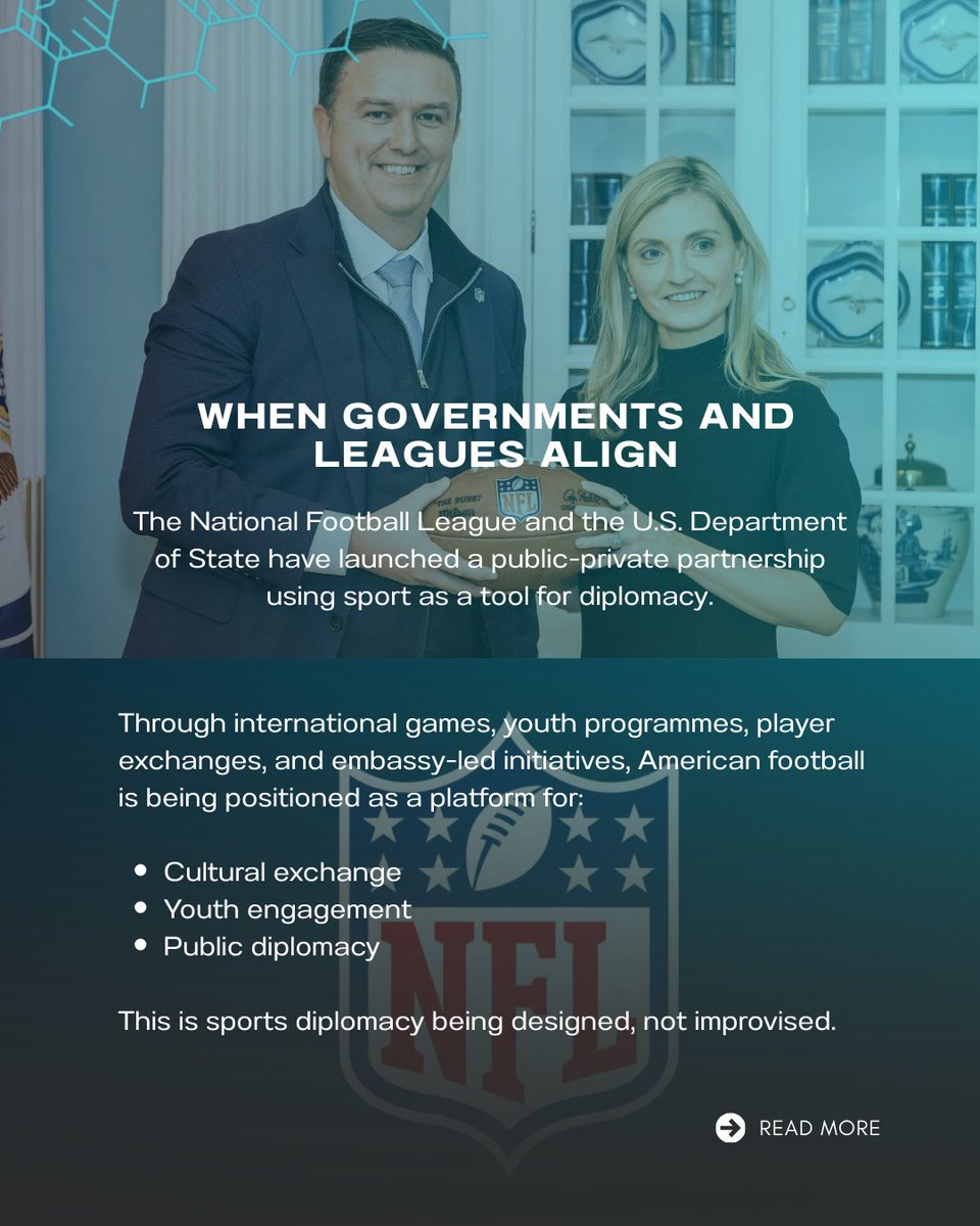 FfP_Global's tweet photo. From FIFA leadership engaging in diplomatic dialogue, to the NFL formalising a public-private partnership with the U.S. State Department, to cities using global tournaments as platforms for international collaboration, sport is rapidly becoming a tool of statecraft. https://t.co/LvAumIhvs4