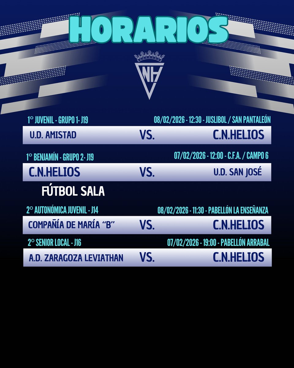 ¡Horarios de la jornada! 📅 Estos son los horarios de todos nuestros equipos para este fin de semana. ¡No te los pierdas! ⚽️🔵⚪

<a href="/cnhelios/">C.N. HELIOS</a>