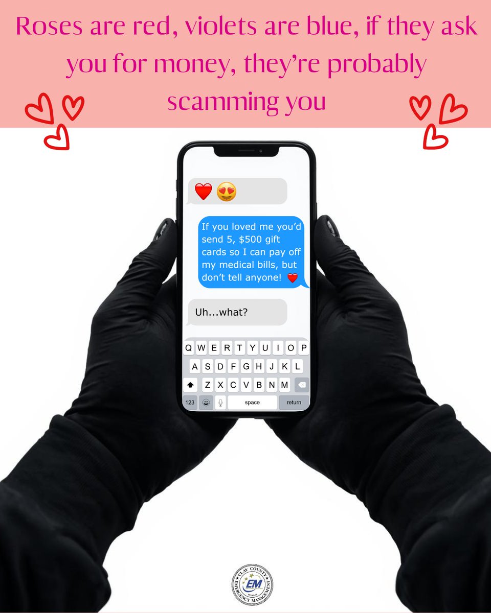ClayCountyMO_EM's tweet photo. Romance scammers increase around Valentine's Day! Protect yourself and your loved ones from a broken heart (and bank account).
If you feel like you, or someone you know has been scammed, report it to law enforcement and secure your finances immediately! #BePrepared #HaveAPlan https://t.co/jTaEqa3IN3