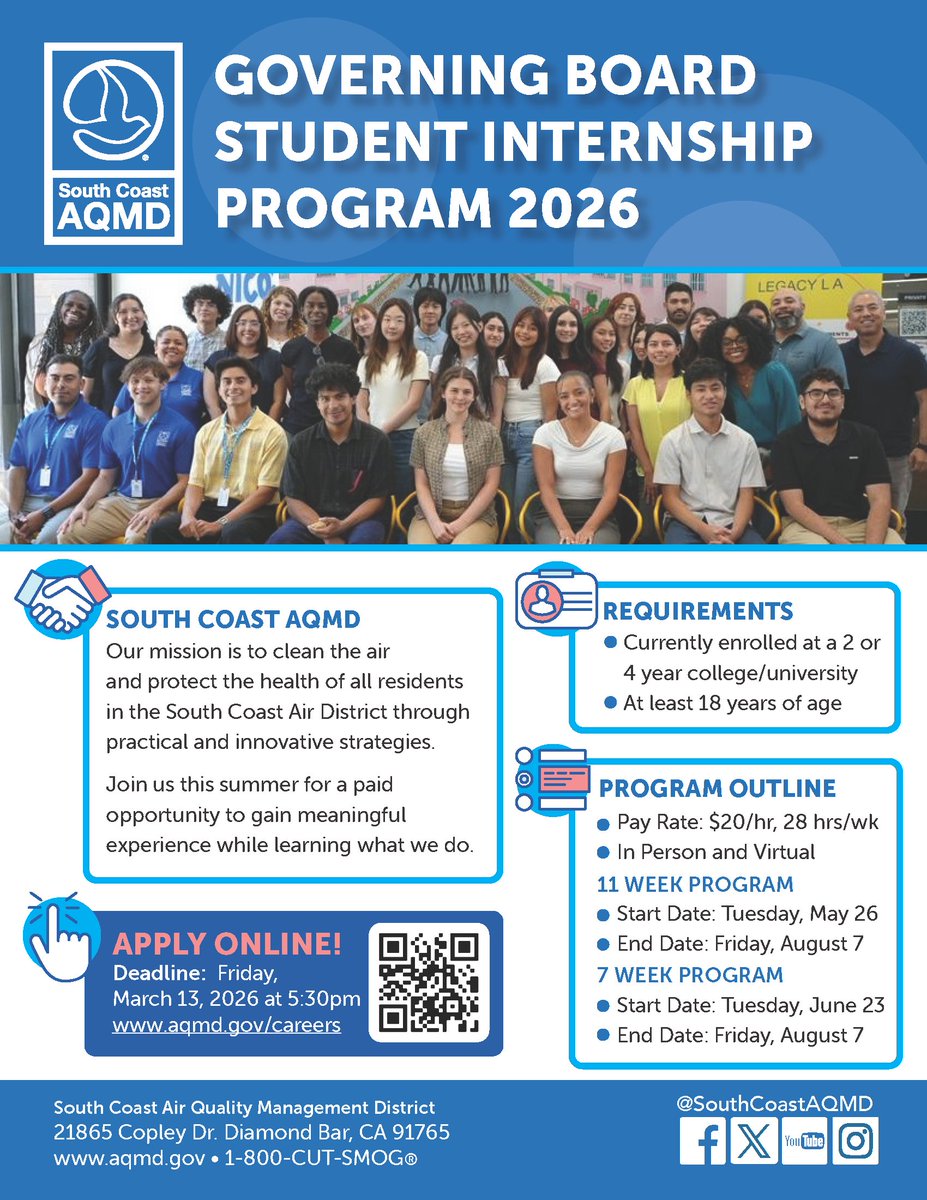 #COLLEGE STUDENTS: looking for hands-on experience with #AirQuality professionals at the South Coast AQMD? Applications for our 2026 Governing Board paid Summer #Internship Program are being accepted until March 13th. Find out more about our program: aqmd.gov/careers