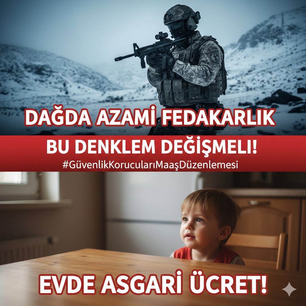 #GüvenlikKorucuları
Dağda Azami Fedakarlık, Evde Asgari Ücret!
Bu denklem ne vicdana ne de adalete sığar. Vatanı savunmanın bedeli can ise, bu canı siper edenlerin hakkını teslim etmek de vatan borcudur! <a href="/RTErdogan/">Recep Tayyip Erdoğan</a> <a href="/dbdevletbahceli/">Devlet Bahçeli</a> <a href="/AliYerlikaya/">Ali Yerlikaya</a>