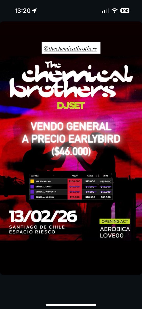 joselin_k's tweet photo. Vendo vendo entrada a the chemical brothers a un súper precio 46.000 https://t.co/kSybAhoGv2