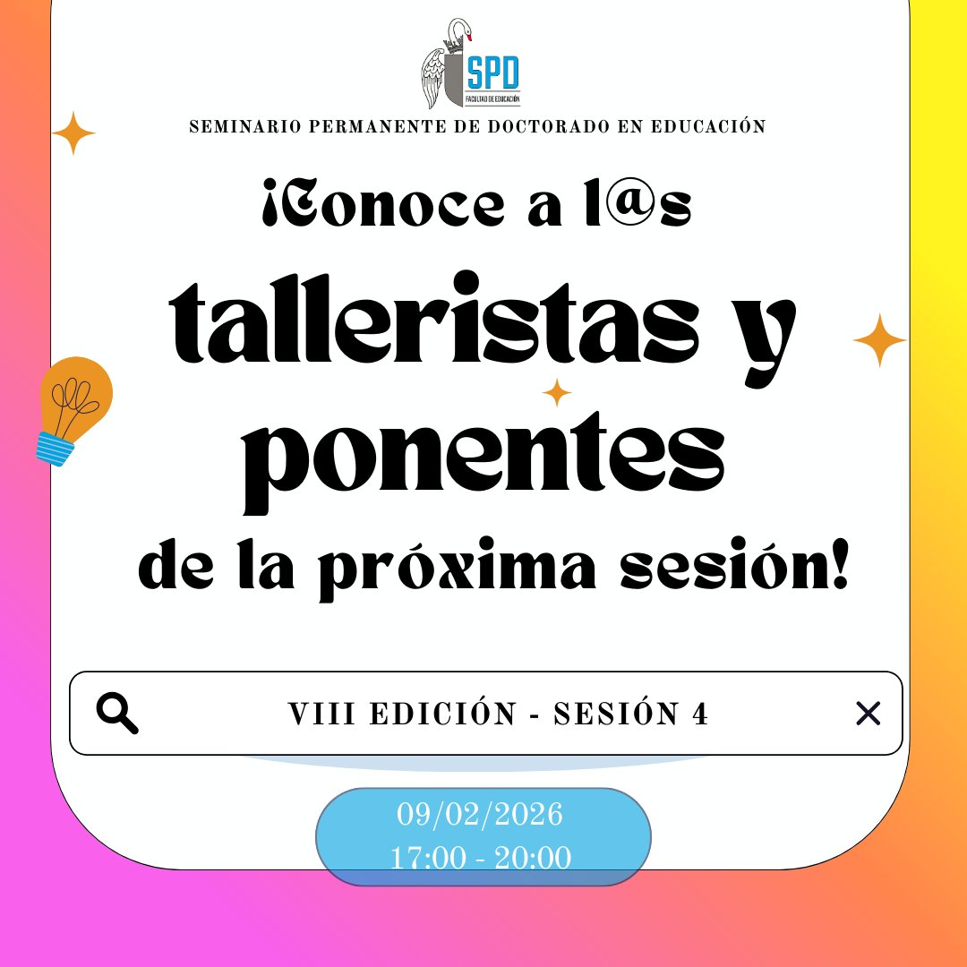 spd_ucm's tweet photo. ✨ 4ª sesión SPDE (VIII ed.) ✨
📅 09/02 | 🕒 17–20 | 📍 Aula 1525

📚 Taller: 🎨 Tamara González Casado 
🎓 Ponencias:
🗳️ Oscar Patricio Guerra González
🏛️ Janaína Lopes do Nascimento Duarte 

#SPDE https://t.co/LppsK9GFPa