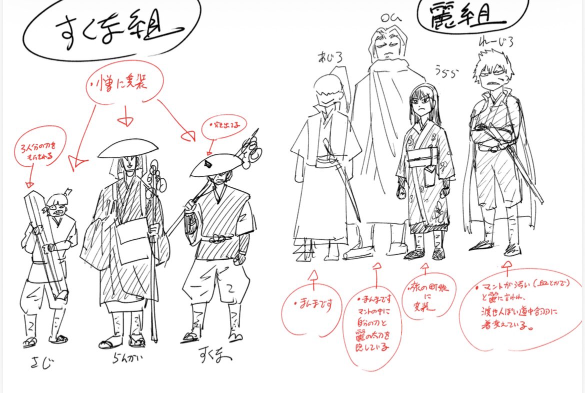 #フォーロン・ホープ ちょい話👮
ネームでは満蔵に頭巾を被せましたが『まだ読者が満蔵の顔を認知してないからナシで』となり、マルコメ頭見せつけることになりました。3枚目は別部隊連中の変装ラフ。 