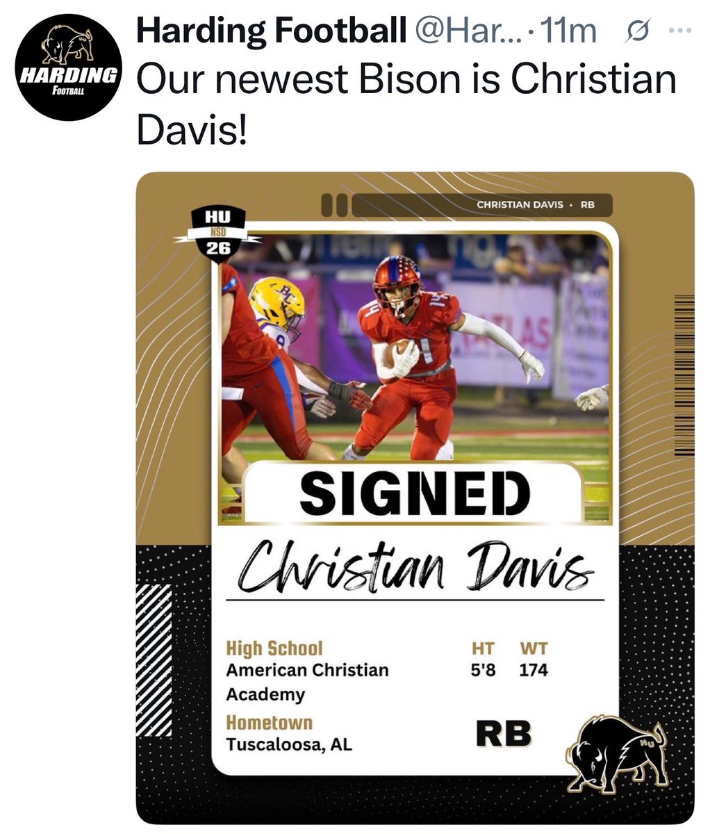 cj_davis14's tweet photo. Many thanks to my family, friends, and fellow students for sharing in my official signing! I am blessed to become part of the Harding Brotherhood and to continue my education at Harding University!  
@hucoachmote @PaulSimmonsHU @CoachBigHU @CoachBray_ @CoachFrancis_HU @CoachKellyHU @HUCoachD @MichaelGragg @CoachSpice_ @Harding_FB @1_Gramm_ @ACATuscaloosa @TuscPreps @Alabama_Varsity @ameliahurley_ @annaesnydr @tuscaloosanews @RecruitsRising @5StarScouting