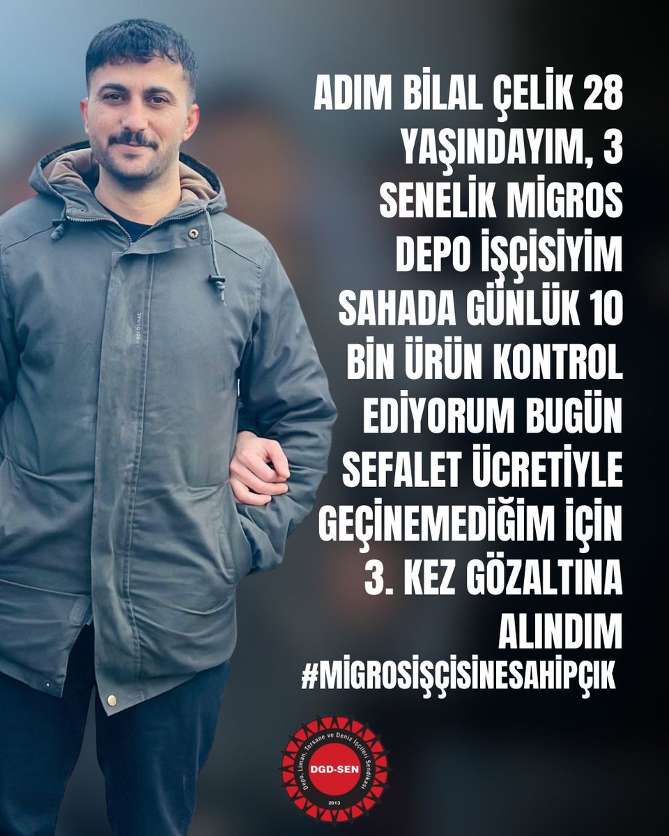 "Adım Bilal Çelik, Migros işçisiyim. Sahada günlük 10.000 ürün kontrol ediyorum. Emeğime sahip çıktığım için şu an gözaltındayım."

Bilal'e sahip çıkmak zorundayız! #MigrosİşçisineSahipÇık