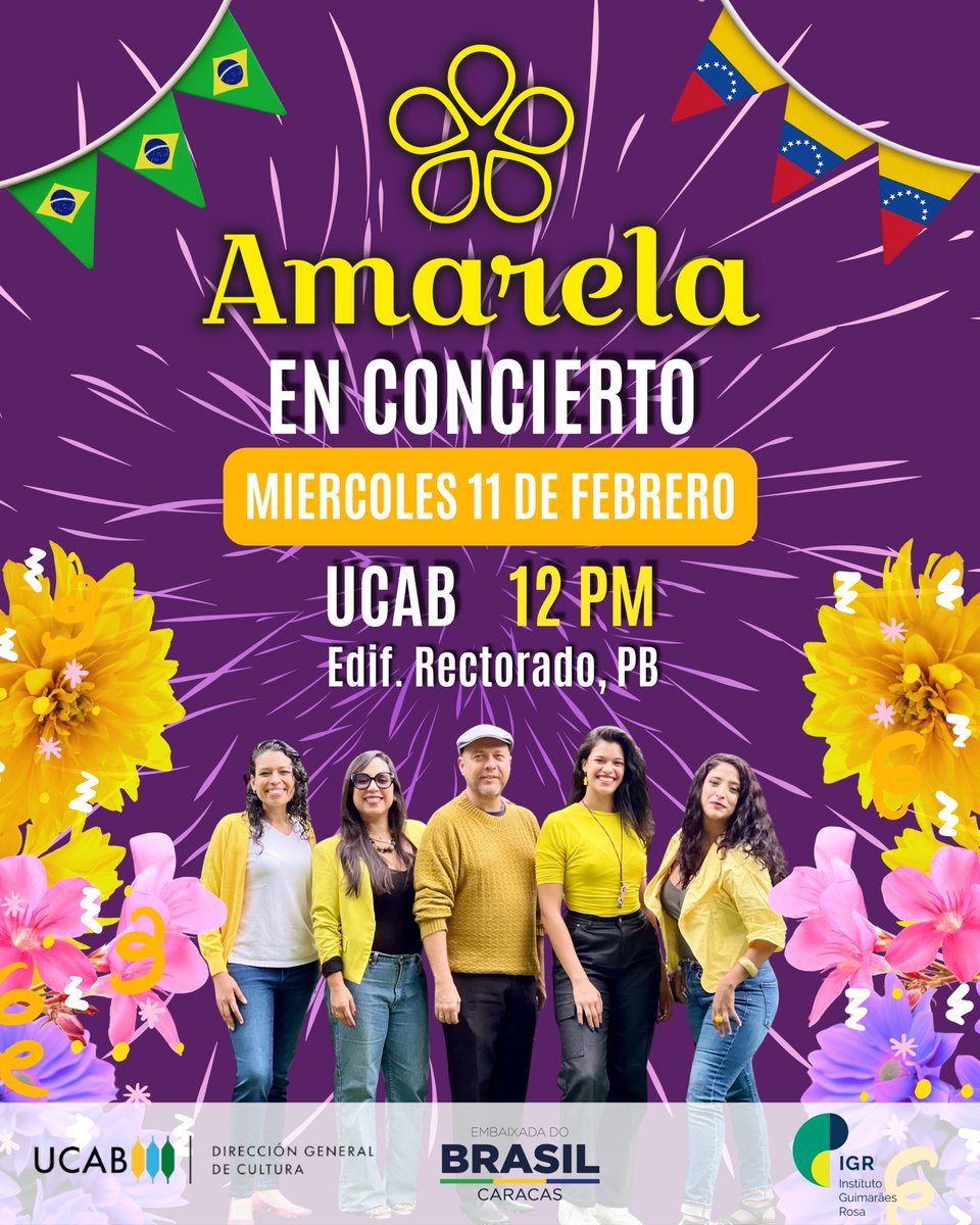 Concierto de música brasileña en la UCAB

El grupo Amarela llega con un recorrido por diversos géneros de la música brasileña en un concierto lleno de ritmo y color.

¡Una invitación a disfrutar y descubrir la riqueza musical de Brasil!