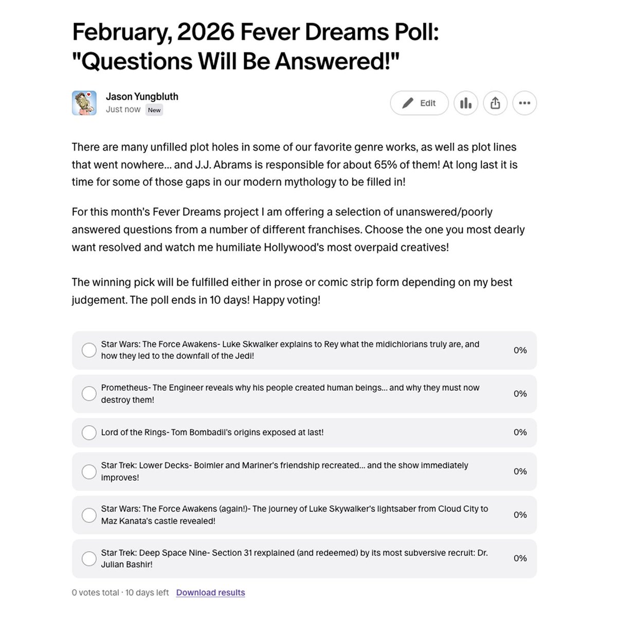 BX1237's tweet image. Every month I bring some dream project to life. This month, I am resolving one of genre fiction's great unanswered questions! Join my Patreon for FREE and you can vote in the poll!

patreon.com/posts/february…

#StarTrek #StarWars #lotr #comic #cartoon #jasonyungbluth