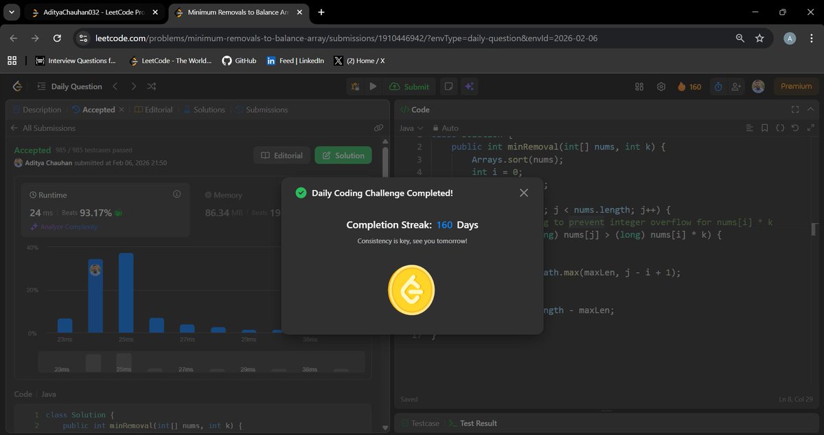 Aditya_Ch_20's tweet photo. Solved today’s LeetCode Daily ✅ (Minimum Removals to Balance Array)

Approach:
Sorted the array first, then used two pointers to find the longest valid window where
max ≤ min × k.

O(n log n) | Java 💻

#LeetCode #DSA #Java #SlidingWindow #CodingJourney https://t.co/1GjlvyDq55