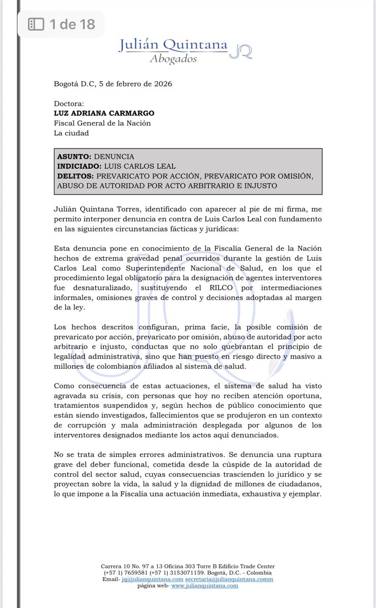 julianquintanat's tweet photo. Denuncie a @LuisCarlosLealA, exsuperintendente de @Supersalud, por prevaricato y abuso de autoridad.
Designó interventores saltándose la ley y el RILCO, los mismos que saquearon los recursos de la salud.
Estas decisiones pusieron en riesgo y cobraron la vida de millones de colombianos.
No fue un engaño: fue una ilegalidad evidente.
La @FiscaliaCol debe actuar.