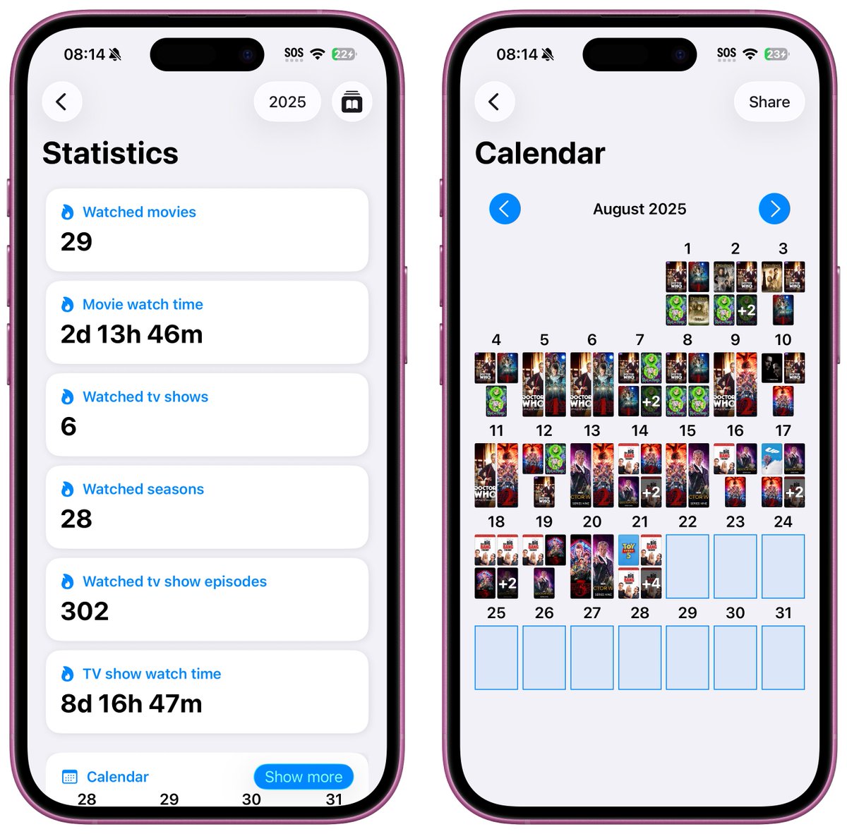 3. Enhanced statistics
Explore a new calendar view showing the covers of movies and TV shows watched each day.
New daily and monthly charts make it easier to understand your viewing habits over time.