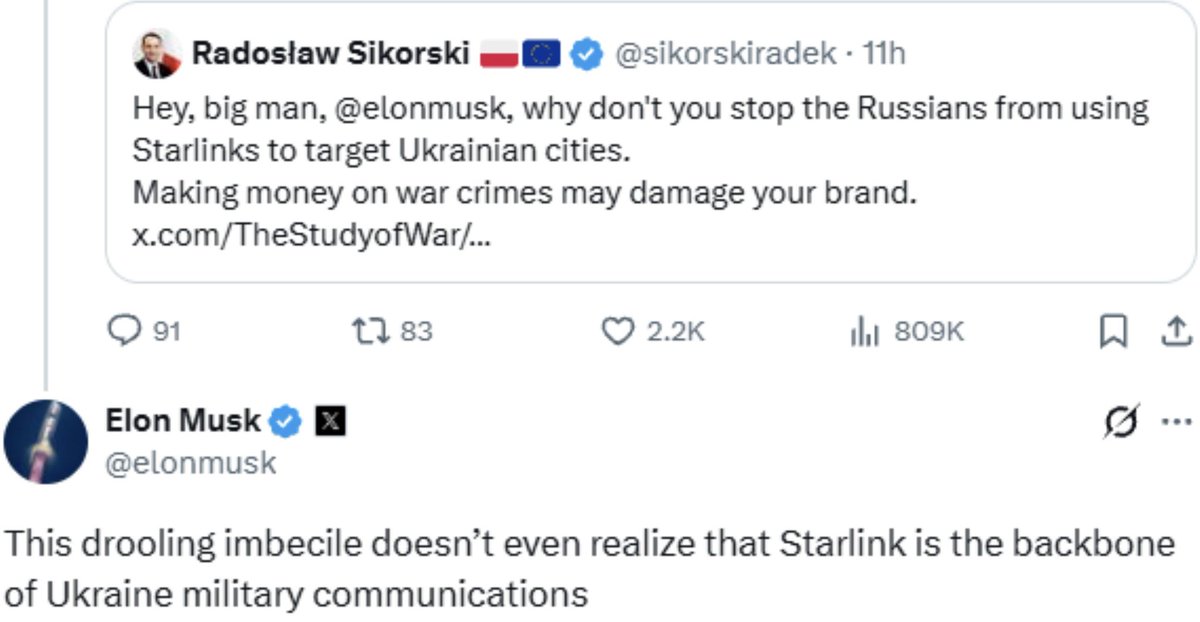 JayinKyiv's tweet photo. Regarding the sequence of events that led to Russians losing Starlink access at the front, let's remember.

1. Russians began using starlink for long range shahed drone strikes on major cities, hundreds of kilometers from the front, purely civilian targets, apartment buildings, power plants, massacres.

2. Ukraine and Poland asked Musk to stop allowing it. Poland's Sikorski publicly asked.

3. Musk responded by calling Sikorski a drooling imbecile.

4. Wave of bad PR hit SpaceX (producer of Starlink).

5. Musk remembered SpaceX is about to do an IPO, likely the largest in history.

6. Like magic, Starlinks were turned off for Russians.

Likely thousands of lives will be saved here, and we're glad it was finally done, but let's get the story straight.