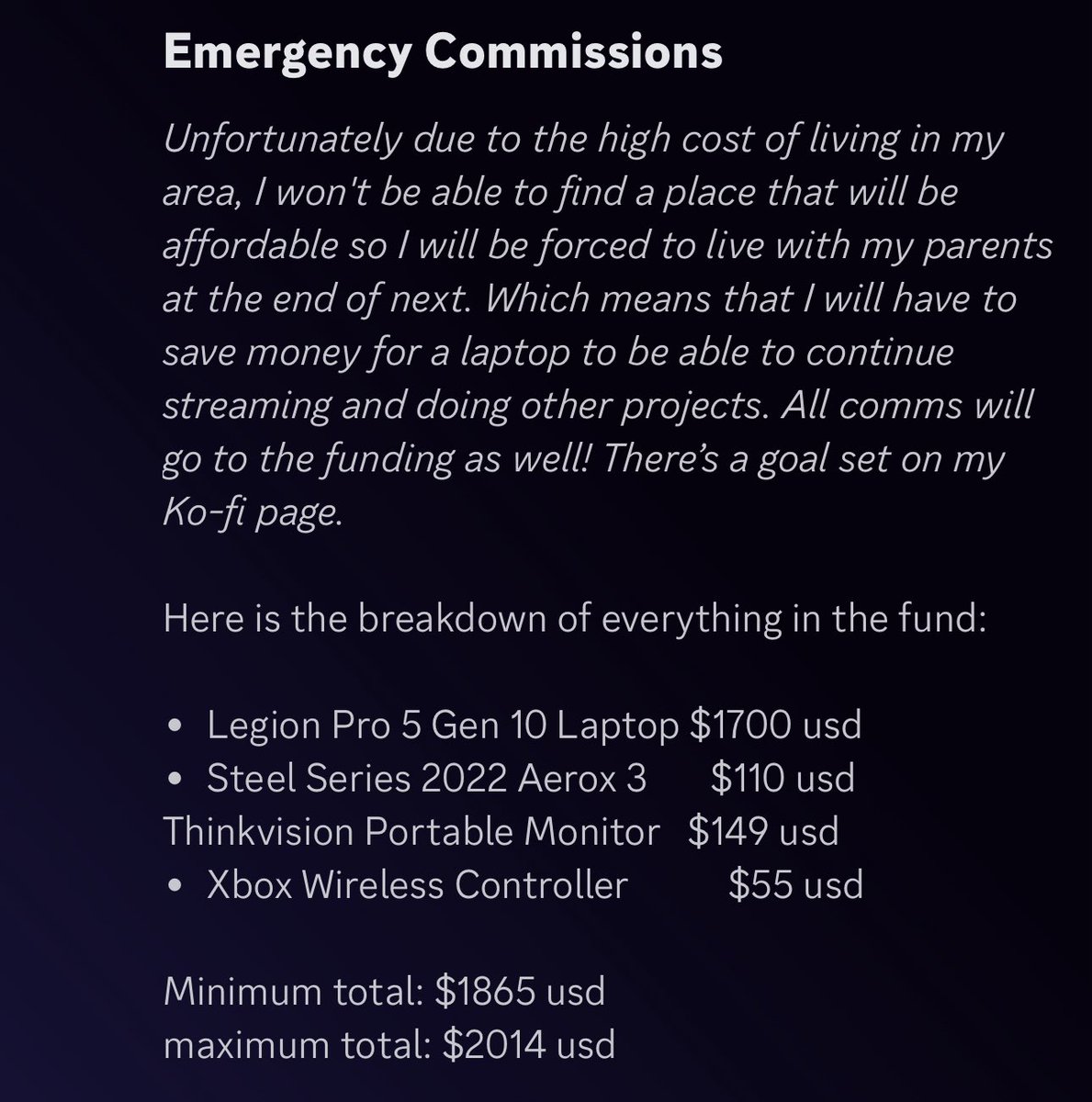 tismeudonsoup's tweet photo. Emergency comms are open! 
Current priority is getting the laptop as I will be back in college too as an agreement my family made me. All comms on vgen are 40%off(off the prices posted below)
https://t.co/nAWveghsdL
I have a goal set up https://t.co/JeCo2Tcebn
#mutualaid #help https://t.co/EV2QybQ5Ll