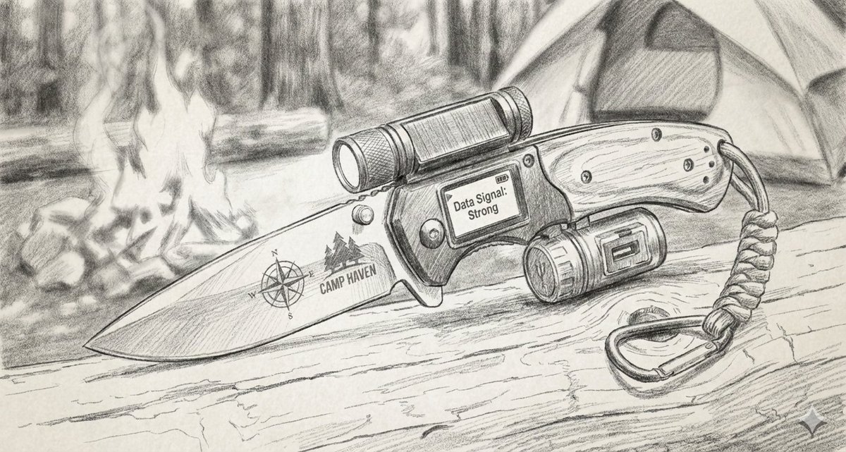 Ali_crypto10's tweet photo. I designed the Camp Haven Signal Blade, a survival tool that combines a rugged knife, flashlight, and data scanner. It helps campers stay safe, navigate the forest, and detect strong data signals during exploration.
@DataHaven_xyz https://t.co/lIo12Srwrr