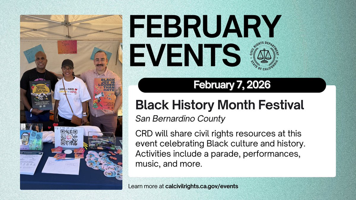 calcivilrights's tweet photo. Celebrate Black History Month and Lunar New Year with CRD while learning more about your civil rights! Click below to check out our event calendar and find an event or training near you ⬇️
https://t.co/oHG6PWFqb4 https://t.co/AL2VuRmjqm
