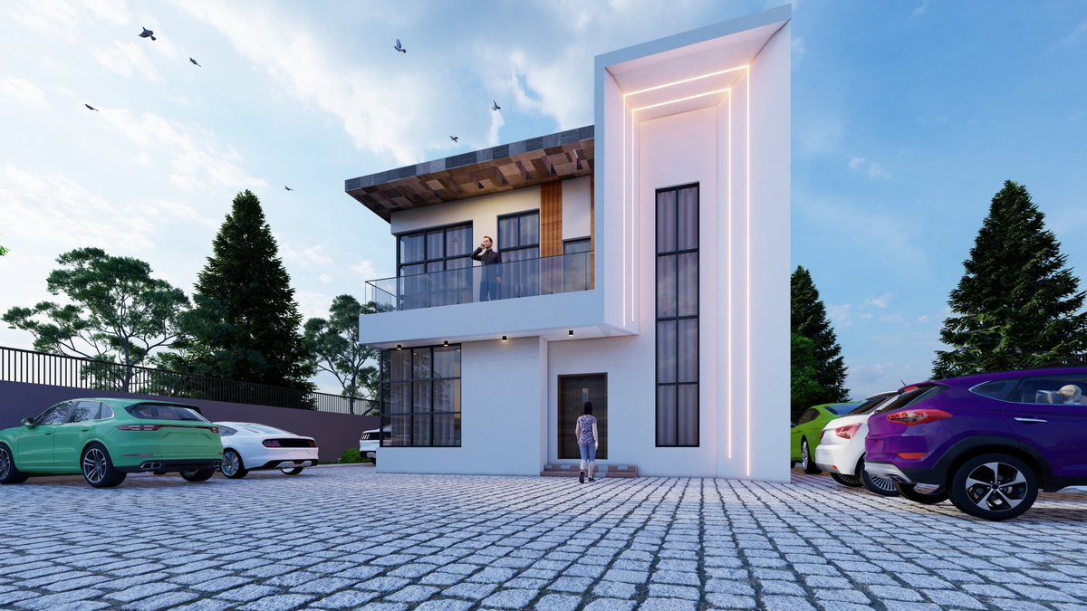 Nitrate05's tweet photo. Dream elevated. 🇳🇬✨  

Bold vertical lines, glowing LED magic at dusk, warm wood accents, and a balcony made for golden-hour views. This modern duplex screams refined Naija luxury—from the welcoming entrance to the driveway ready for your beasts.  

#ModernDuplex #NaijaLuxury https://t.co/3jrAxHQmIK