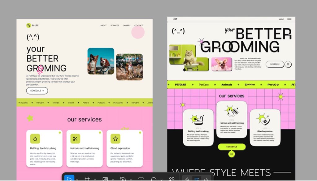 eke_ng_'s tweet photo. Turned this Pinterest pet grooming inspo into this playful redesign using  #Figmamake

How would you rate this #figmamake prompt output? Which design is better?

#FigmaDesign #PetGrooming #UIredesign https://t.co/JJGzrRZGGc