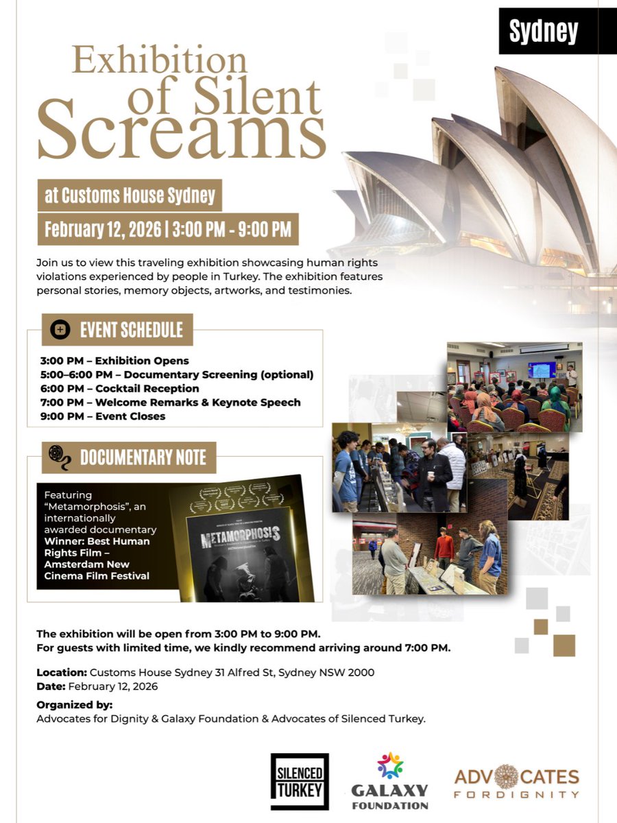 afd_australia's tweet photo. 📍 Sydney | Exhibition of Silent Screams
🕯️ Exhibition of Silent Screams comes to Sydney.

A powerful exhibition featuring personal stories, artworks, and testimonies highlighting human rights violations in Turkey.

📅 Feb 12, 2026 | ⏰ 3:00–9:00 PM
📍 Customs House Sydney https://t.co/DhYmepAoQV