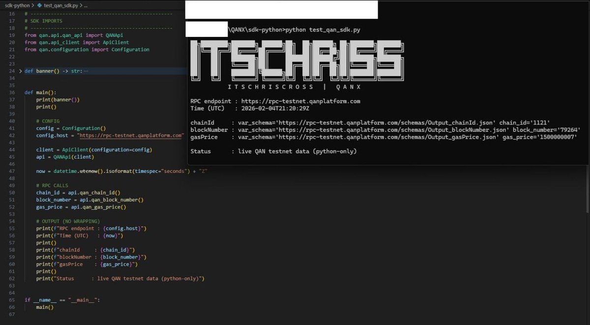 Shoutout to the amazing <a href="/QANplatform/">QANplatform</a> community!

As a beginner, G nailed the TestNet with #Python,
pulling live data like a pro! 💪

Seems he's hiding some Easter eggs here and there on the testnet lol🥚
#Devs, your turn to build quantum-resistant dApps! 

#Web3Community its Ezz